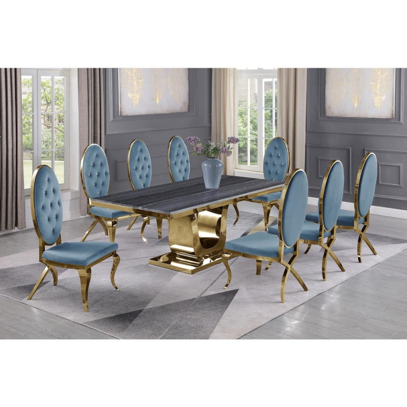 Dark Grey Marble 9Pc Set Tufted Faux Crystal Chairs In Teal Velvet