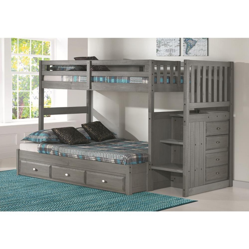 Os Home And Office Furniture Model Solid Pine Mission Staircase Twin Over Full Bunk Bed With Seven Drawers In Charcoal Gray