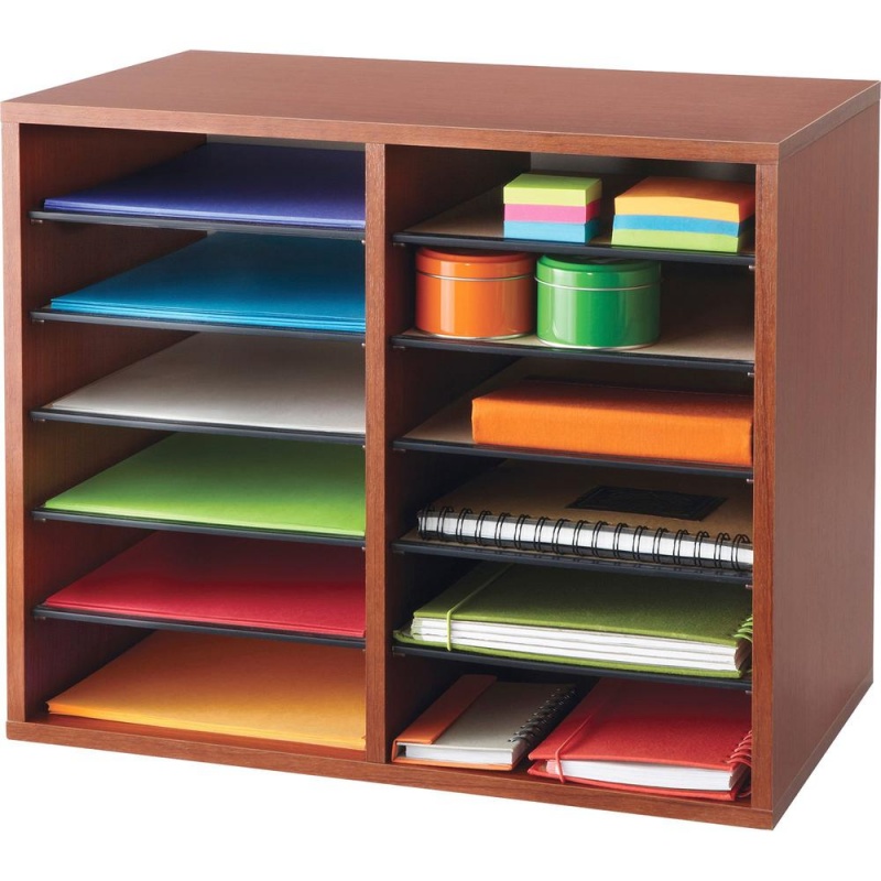 Safco Adjustable 12-Slot Wood Literature Organizer - 12 Compartment(S)Desktop - Adjustable - Laminate - Cherry - Hardboard, Fiberboard - 1 Each
