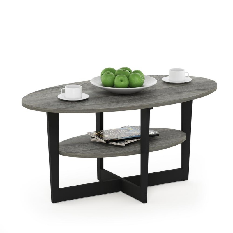 Furinno Jaya Oval Coffee Table, French Oak Grey/Black