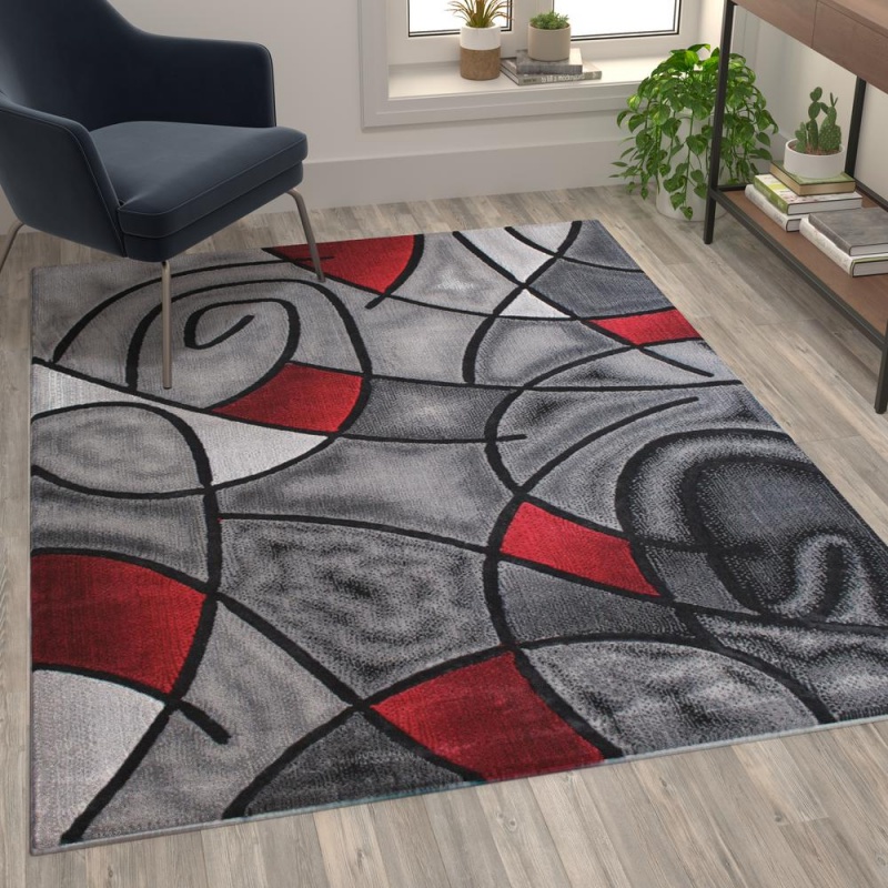 Jubilee Collection 5' X 7' Red Abstract Area Rug - Olefin Rug With Jute Backing - Living Room, Bedroom, & Family Room