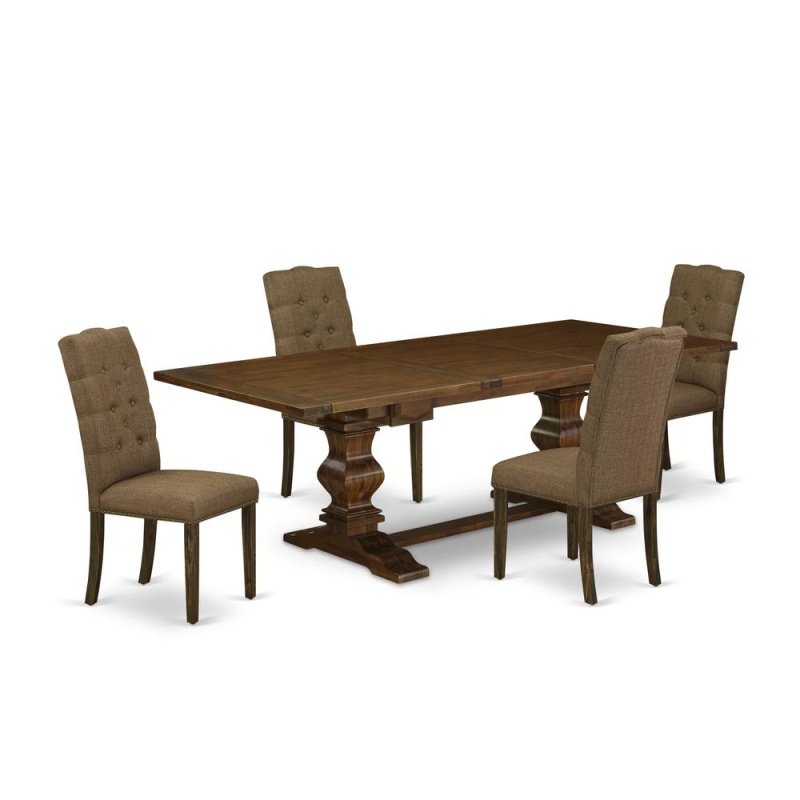 5 Piece Dining Set Includes A Rectangle Dining Room Table With Removable Leaf And 4 Brown Linen Linen Fabric Upholstered Chairs, 42X92 Inch, Walnut