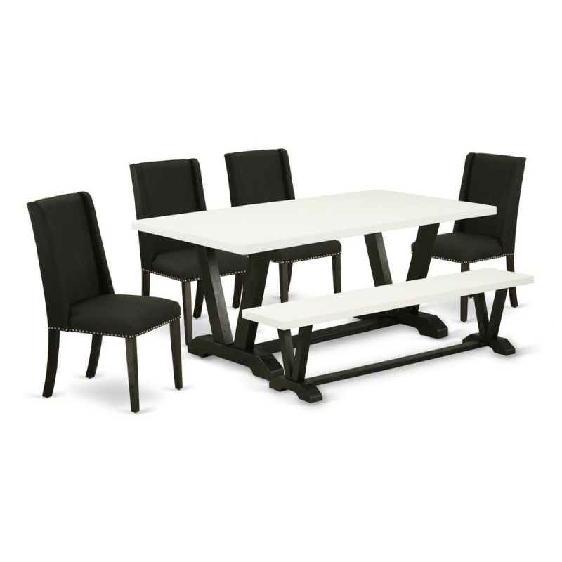 East West Furniture 6-Piece Kitchen Dining Table Set-Black Linen Fabric Seat And High Stylish Chair Back Upholstered Dining Chairs, A Rectangular Bench And Rectangular Top Kitchen Table With Solid Woo