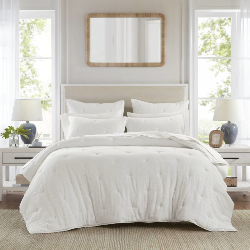 Breeze Cotton Gauze Embroidered Quilt Set, White