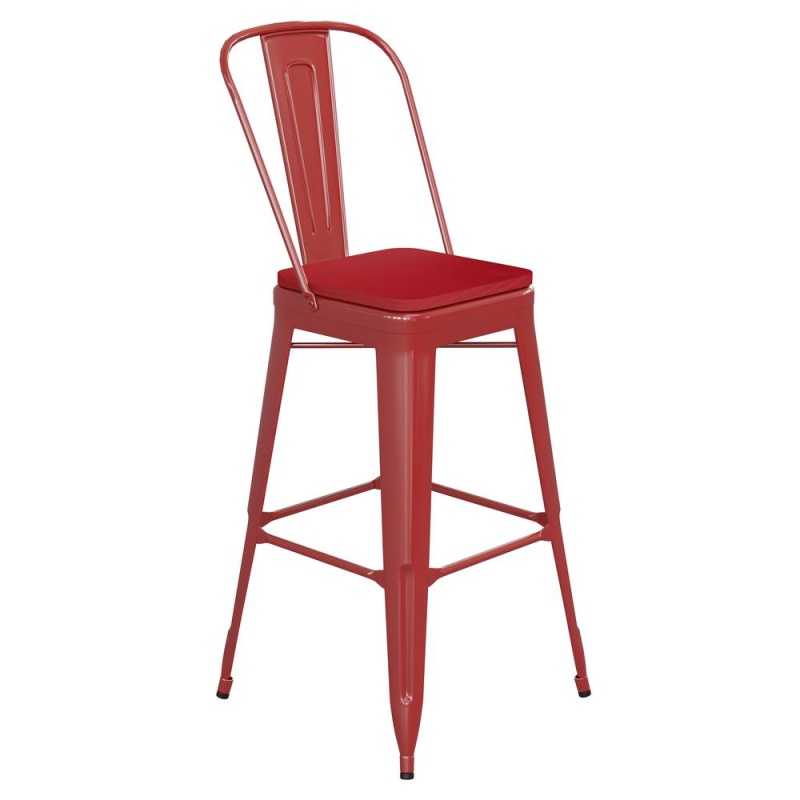 Kai Commercial Grade 30" High Red Metal Indoor-Outdoor Bar Height Stool With Removable Back And Square Red All-Weather Poly Resin Seat