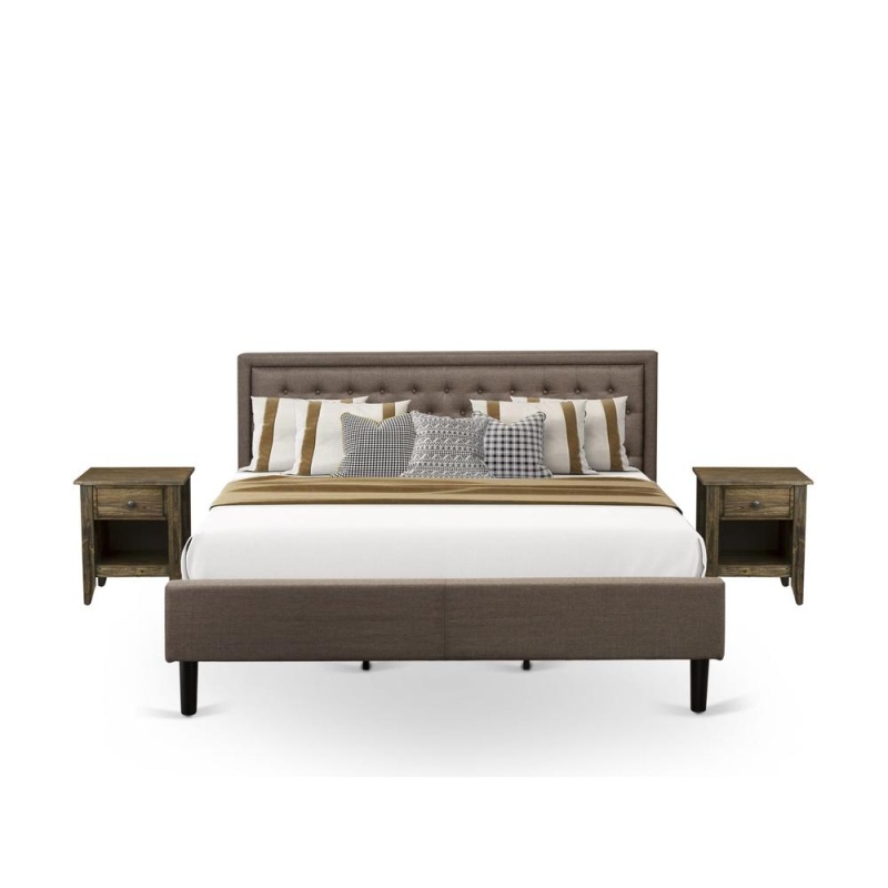 Kd18k-2Ga07 3 Piece King Bed Set - Wooden Bed Frame Brown Headboard With 2 Night Stands - Black Finish Legs
