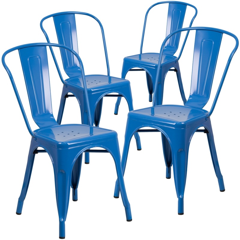 4 Pk. Blue Metal Indoor-Outdoor Stackable Chair