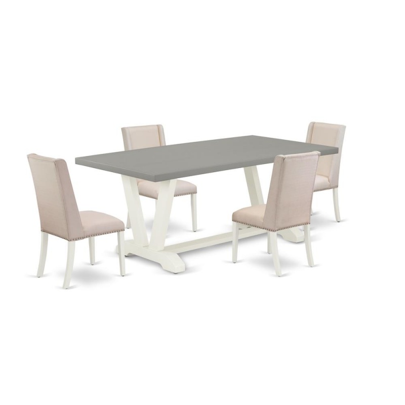 East West Furniture V097fl201-5 5-Piece Awesome Dining Set An Excellent Cement Color Kitchen Table Top And 4 Lovely Linen Fabric Parson Dining Room Chairs With Nails Head And Stylish Chair Back, Linen