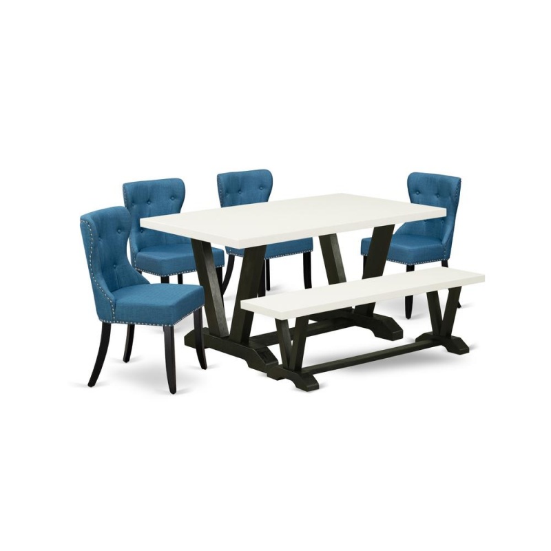 East West Furniture V626si121-6 6-Piece Dining Room Set- 4 Upholstered Dining Chairs With Blue Linen Fabric Seat And Button Tufted Chair Back - Rectangular Top & Wooden Legs Kitchen Dining Table And d