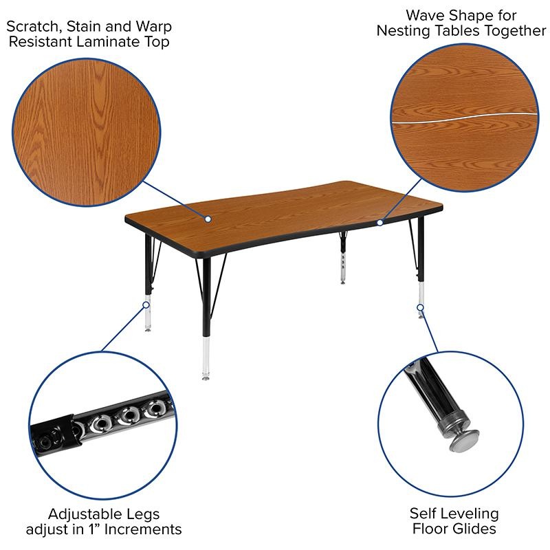 3 Piece 76" Oval Wave Collaborative Oak Thermal Laminate Activity Table Set - Height Adjustable Short Legs