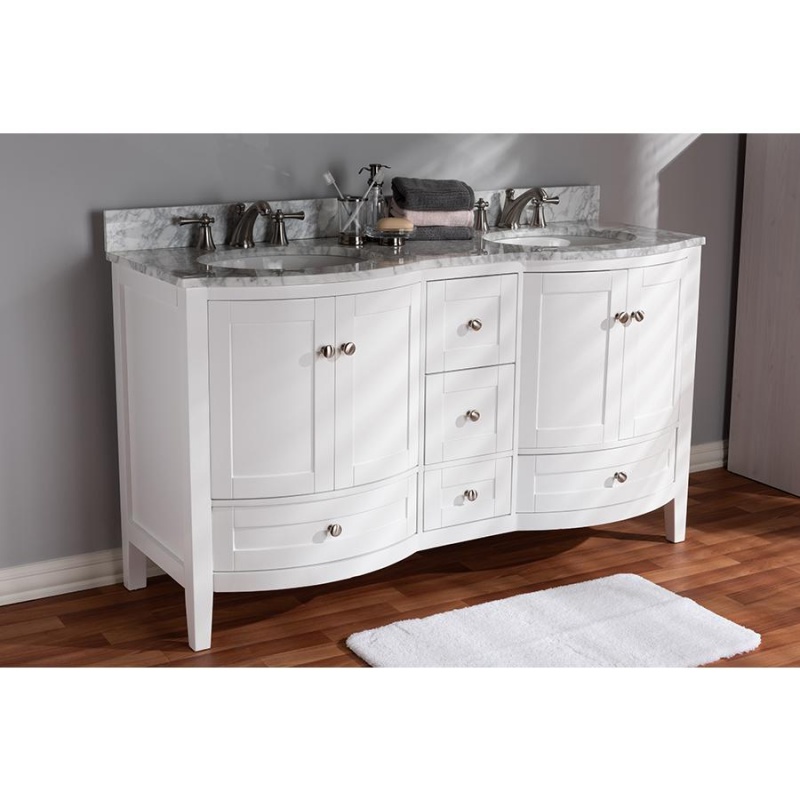 Nicole 60-Inch Transitional White Finished Wood And Marble Double Sink Bathroom Vanity