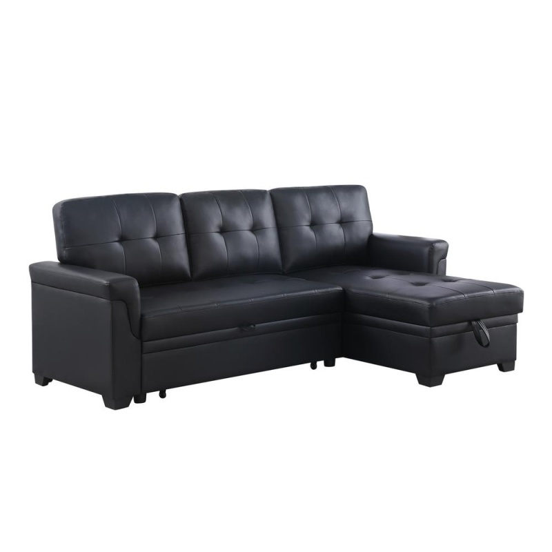 Lexi Black Synthetic Leather Modern Reversible Sleeper Sectional Sofa With Storage Chaise