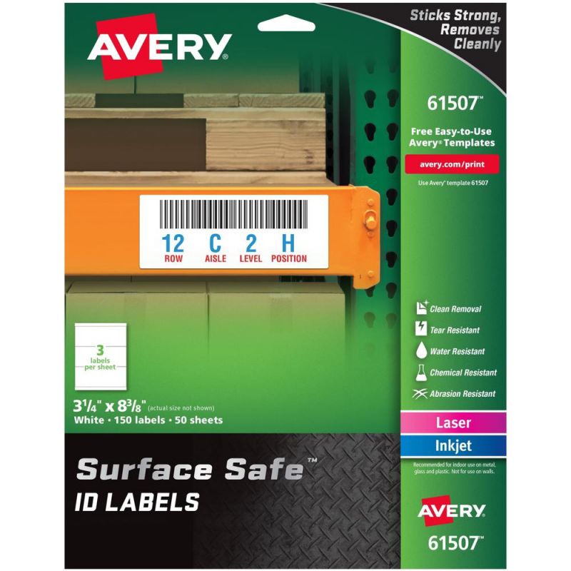 Avery® Surface Safe Id Label - 3 1/4" Width X 8 3/8" Length - Removable Adhesive - Rectangle - Laser, Inkjet - White - Film - 3 / Sheet - 50 Total Sheets - 150 Total Label(S) - 5