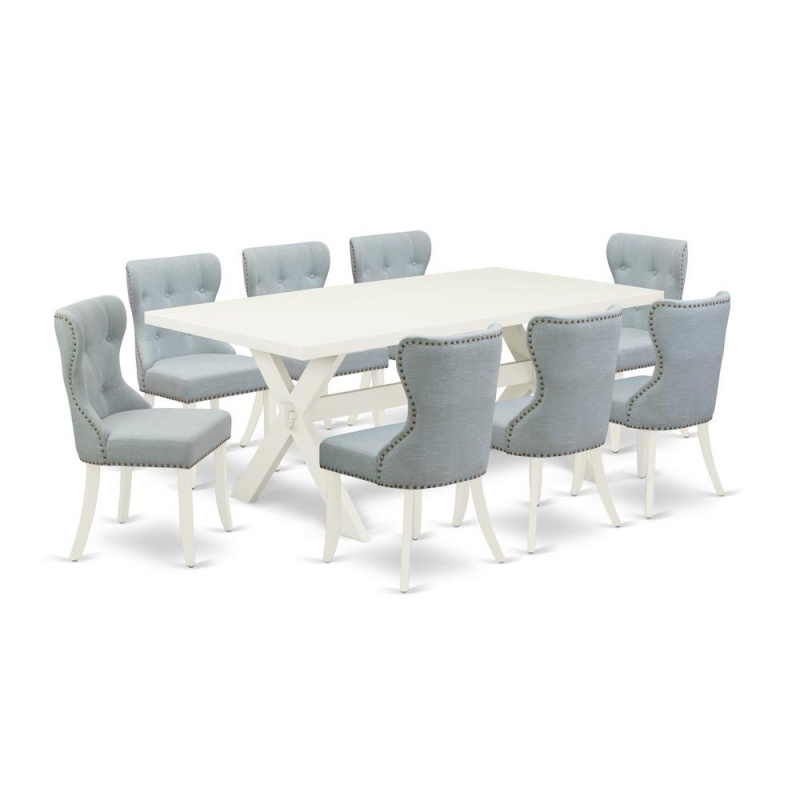 East West Furniture X027si215-9 9-Pc Kitchen Dining Set- 8 Dining Padded Chairs With Baby Blue Linen Fabric Seat And Button Tufted Chair Back - Rectangular Table Top & Wooden Cross Legs - Linen White