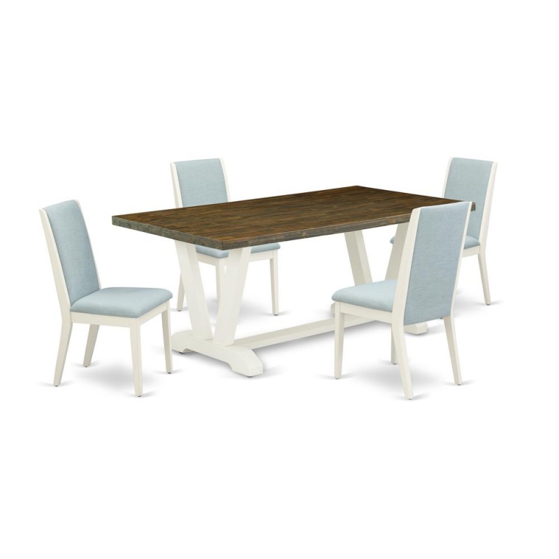 East West Furniture V077la015-5 5Pc Kitchen Table Set Consists Of A Rectangular Table And 4 Parson Dining Chairs With Baby Blue Color Linen Fabric, Medium Size Table With Full Back Chairs, Wirebrushed