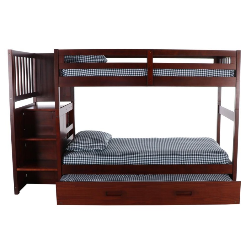 Os Home And Office Furniture Model Solid Pine Mission Staircase Twin Over Twin Bunk Bed With Four Drawer Chest And Roll Out Twin Trundle Bed In Rich Merlot