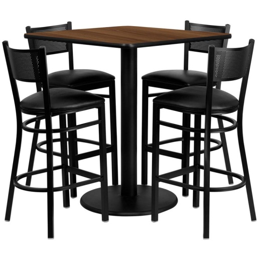 36'' Square Walnut Table Set with 4 Grid Back Metal Barstools - Black Vinyl Seat