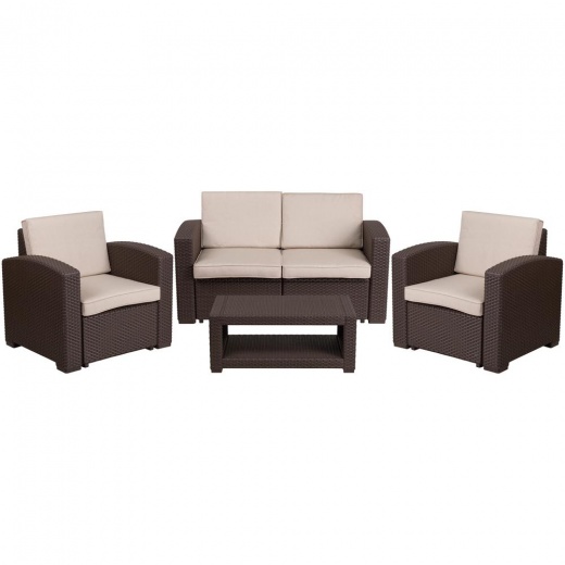 4 Piece Faux Rattan Chair, Loveseat And Table Set In Seneca Chocolate Brown