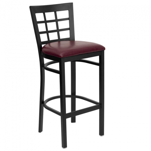 Black Window Back Metal Restaurant Barstool - Burgundy Vinyl Seat from Flash Furniture