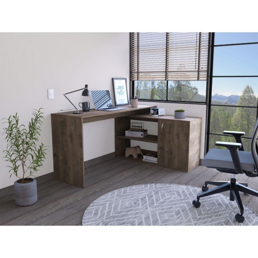Depot E-Shop Pearl Desk, L-Shaped, One-Door Cabinet, Two Shelves-Dark Brown, For Office