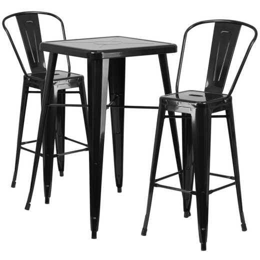 23.75" Square Black Metal Indoor-Outdoor Bar Table Set With 2 Stools With Backs