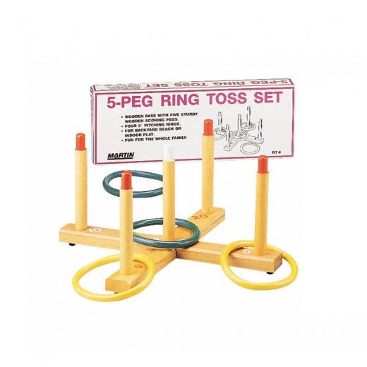 Dick Martin Sports Ring Toss Game - 5-Peg Base Wood Pegs 4 Plastic Rings