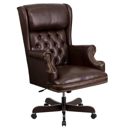 High Back Brown Executive Office Chair With Oversized Headrest & Nail Trim Arms