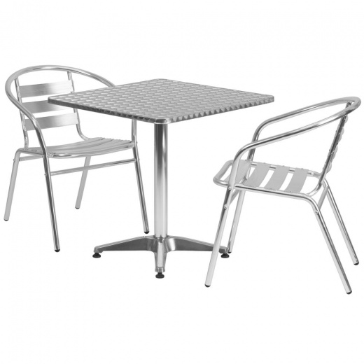 27.5'' Square Aluminum Indoor-Outdoor Table Set With 2 Slat Back Chairs