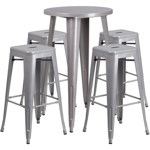 24" Round Silver Metal Indoor-Outdoor Bar Table Set With 4 Seat Backless Stools