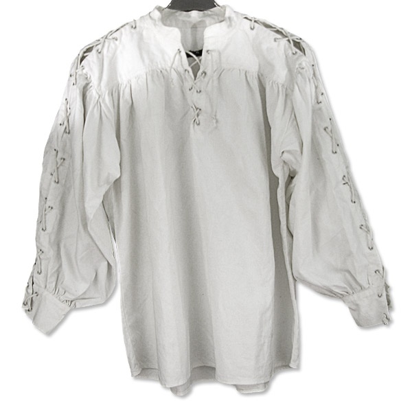Collarless Laced Neck and Sleeves Cotton Shirt: White, Medium