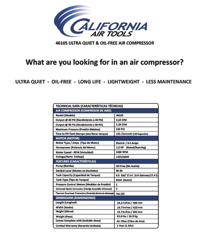 California Air Tools Ultra Quiet, Oil-Free, Lightweight 4610S Air Compressor