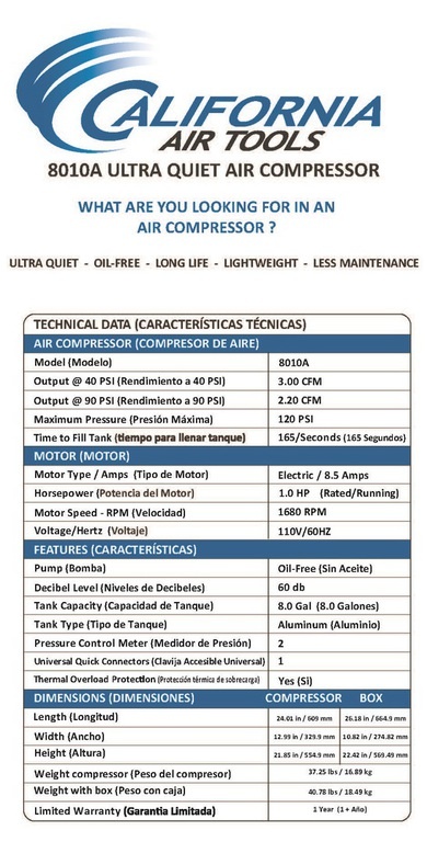 California Air Tools Ultra Quiet, Oil-Free, Lightweight 8010A Air Compressor