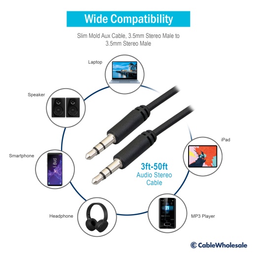 CW 3.5mm To RCA Male Y Adapter Cable – Multiple Lengths: 6in, 6ft, 12ft, 25ft, 50ft – Shielded Audio Cord