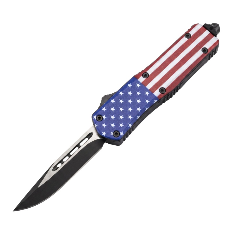 7" Automatic Otf American Flag Knife With Drop Point Blade