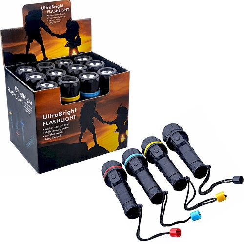 Led Flashlights - 3 Bright Bulbs Each - Easy On/Off Switch - Water-Resistant Rubberized Case -Wrist Strap - Box Of 12 - Ready For Countertop Display