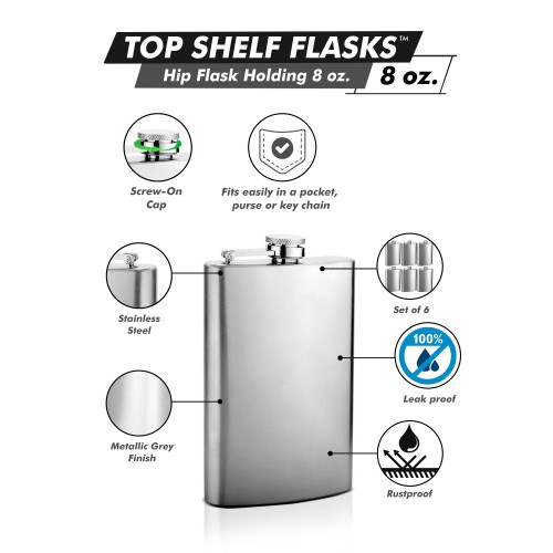 Top Shelf Flasks Stainless Steel Hip Flasks, 8 Oz, Set Of 6
