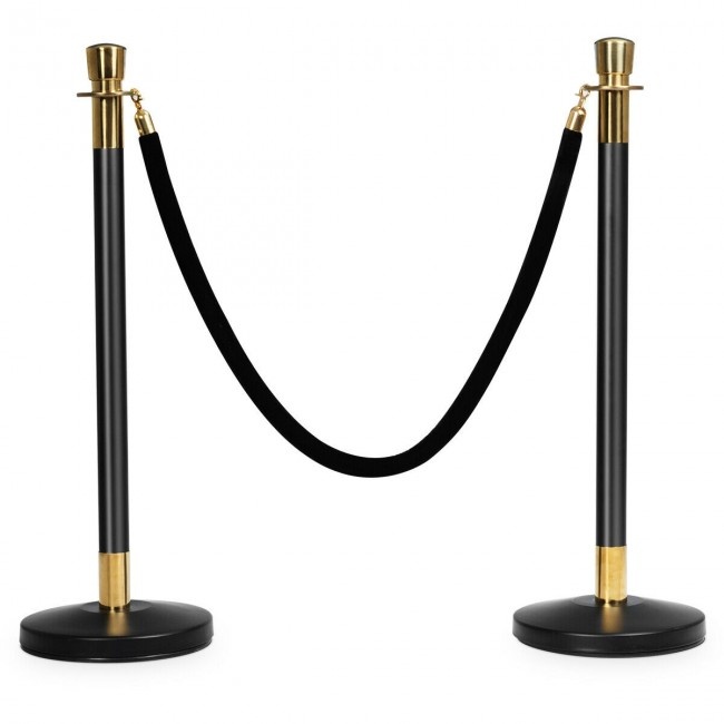 6 Pcs Round Top Polished Stainless Stanchions Posts Queue Pole With 5 Ft Blackvelvet Rope