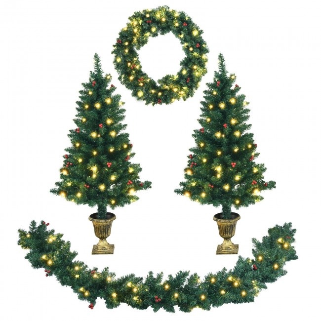 4 Pieces Christmas Decoration Set With Garland Wreath And Entrance Trees