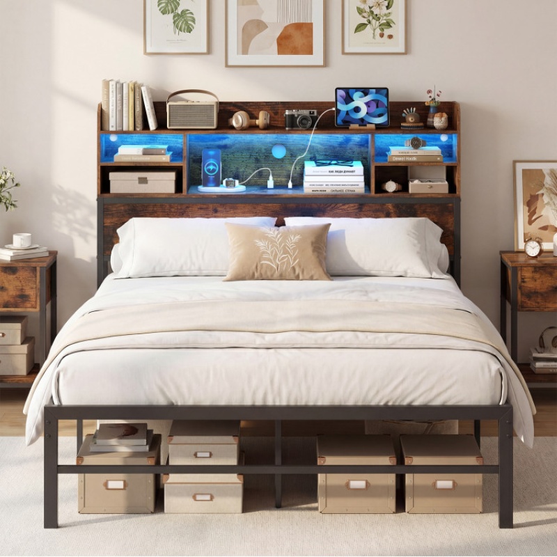 Full Size Bed Frame with Headboard and LED Lights