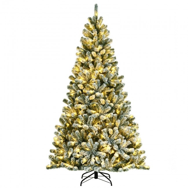 Pre-Lit Snow Flocked Hinged Christmas Tree With Metal Stand