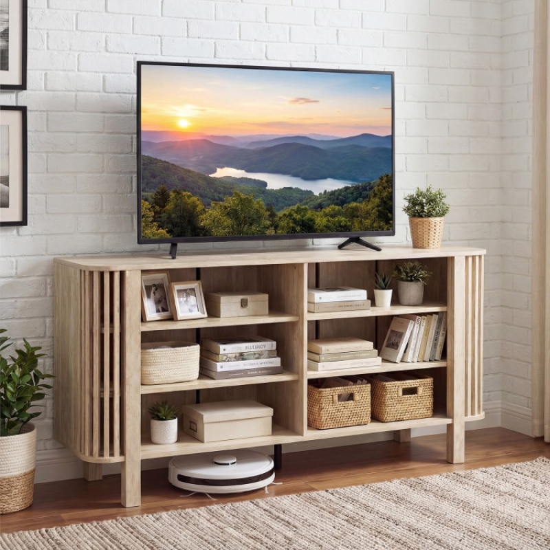 59 Inch Tv Stand For Tvs Up To 55 Inches With Adjustable Shelves-Natural