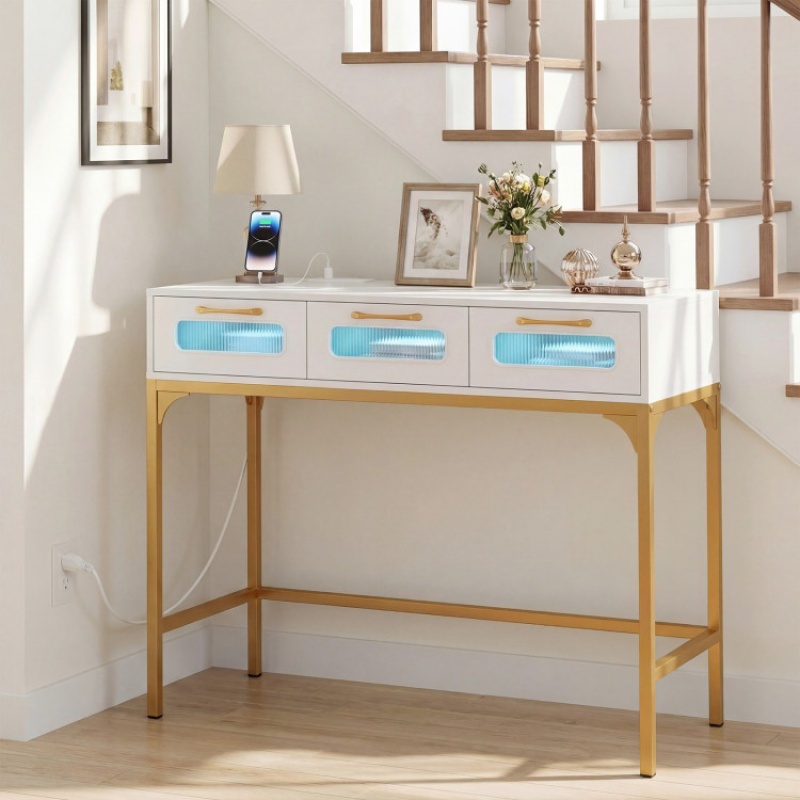 Console Table With Led Lighting And Charging Station For Living Room And Hallway-White