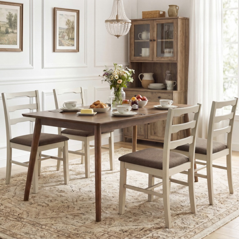Set Of 4 Linen Style Upholstered Dining Chairs With Wood Frames-White