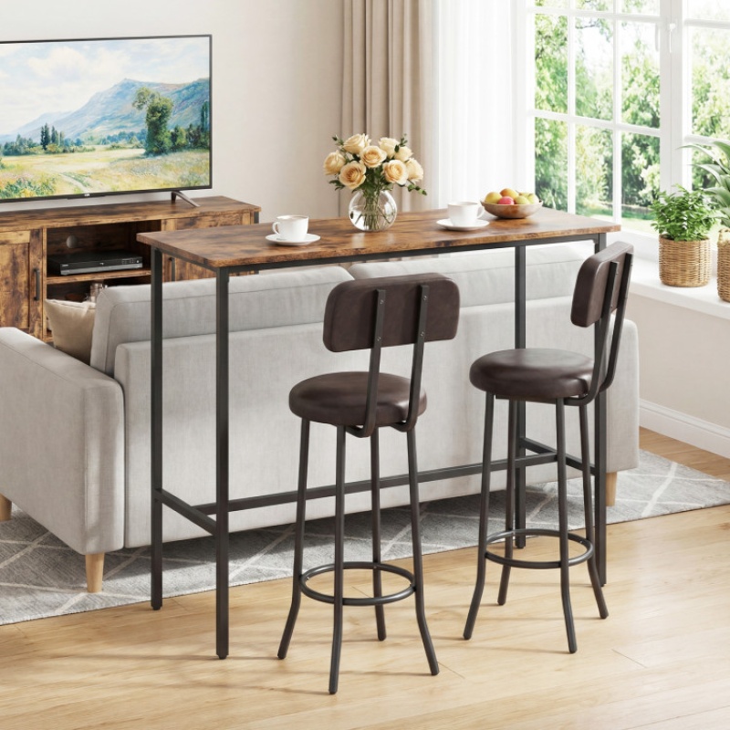 3-Piece Industrial Bar Table Set With 2 Upholstered Stools And Footrests For Dining Room-Rustic Brown