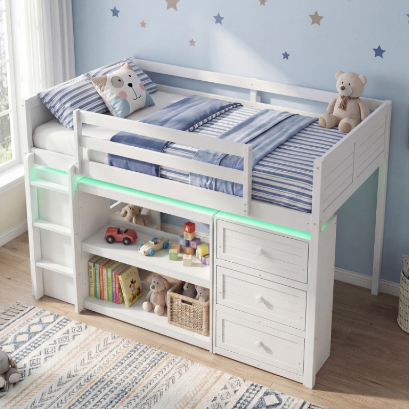 Twin Size Loft Bed With Led Lights And Underbed Space For Kids-White