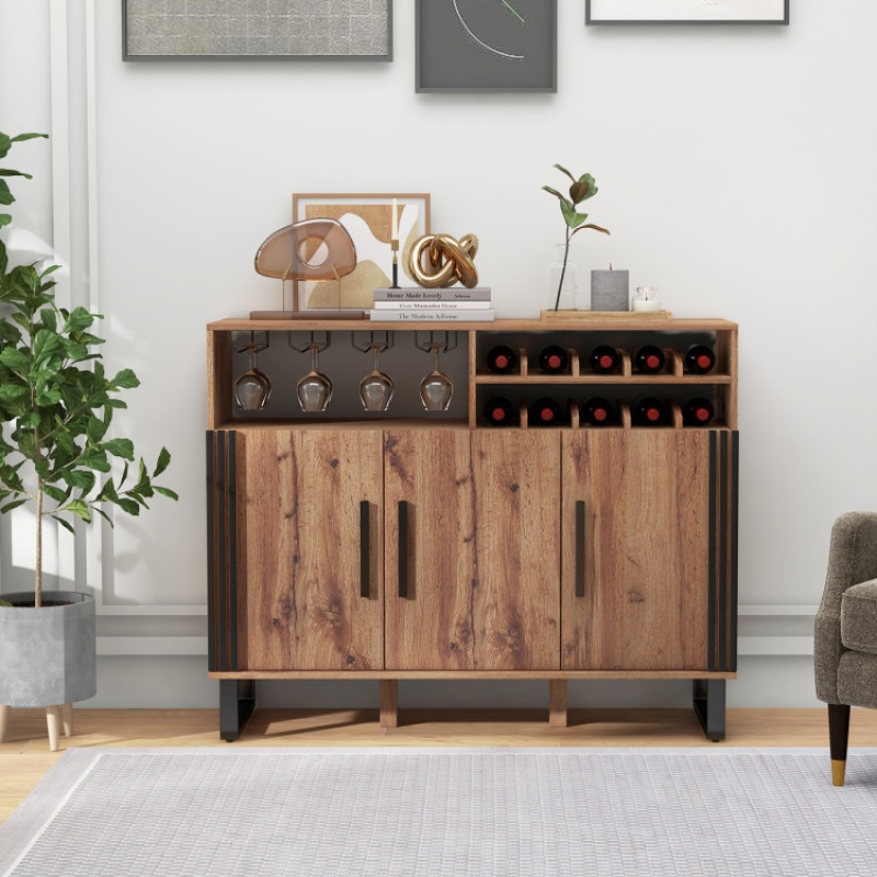 Home Wine Bar Cabinet With 3 Doors And Adjustable Shelves-Brown