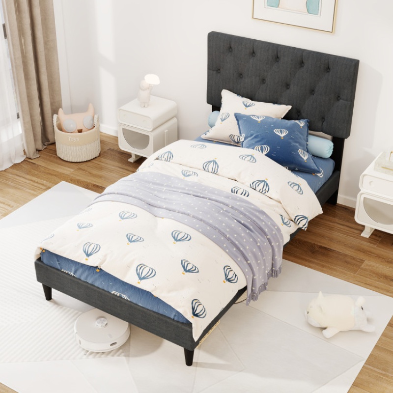 Upholstered Platform Bed With Tufted Headboard And Wooden Slats Gray-Twin Size