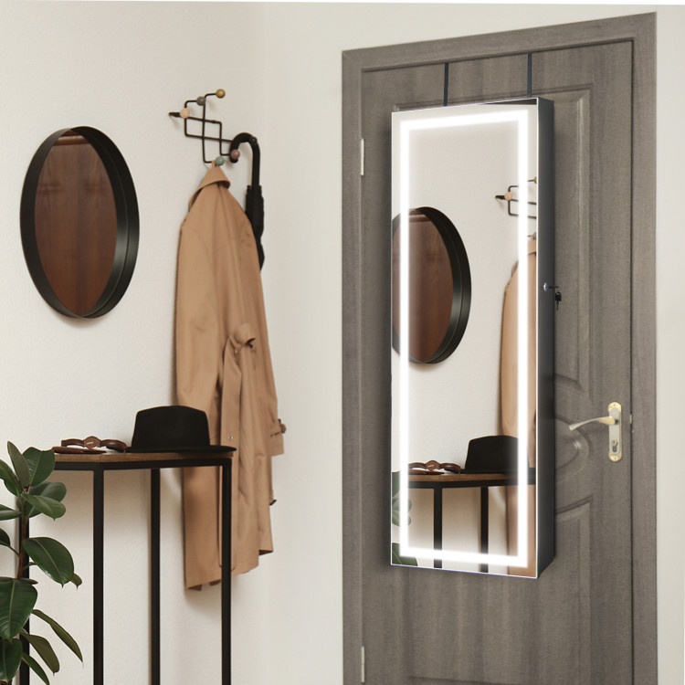 Black Mirrored Jewelry Armoire with Full-Length Mirror and 2 Internal LED Lights
