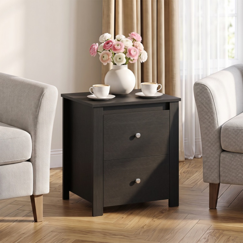 Black Nightstand with 2 Drawers and Storage