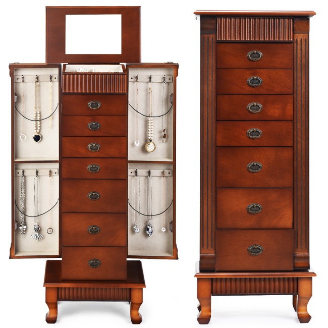 Wooden Jewelry Armoire Storage Chest With Drawers And Swing Doors
